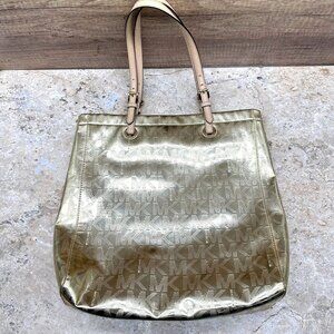 Michael Kors Tote Shoulder Bag Womens Jet Set Mirror Metallic Gold Tone Pockets